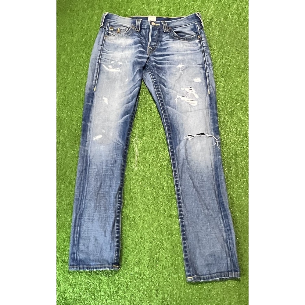 True Religion Jeans Womens 27 Blue Cameron Skull Patch Roses Made USA Denim
